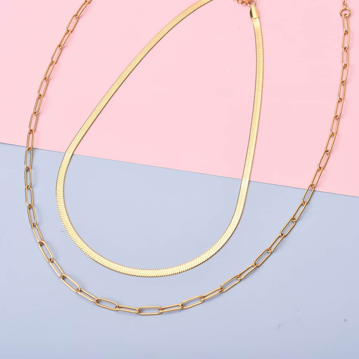 Set of 2 Snake and Paper Linked Chain Necklace in ION Plated Yellow Gold Stainless Steel 16-18/18-21 Inches image number 1