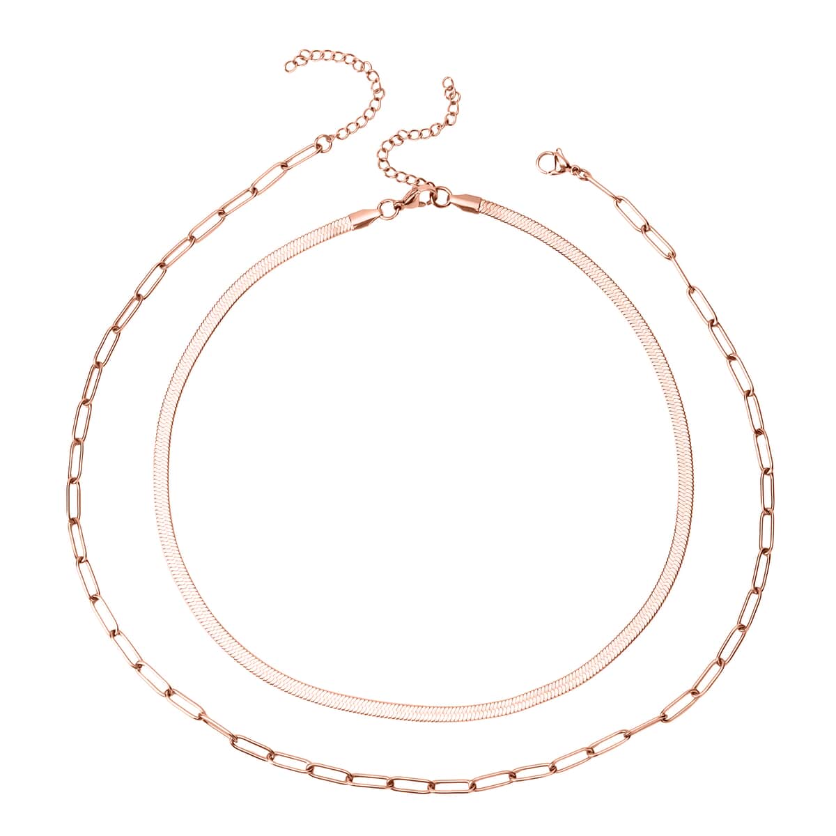 Set of 2 Snake and Paper Linked Chain Necklace in ION Plated Rose Gold Stainless Steel 16-18/18-21 Inches image number 0