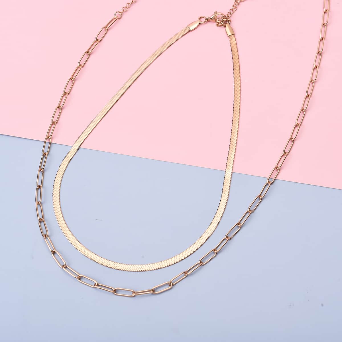 Set of 2 Snake and Paper Linked Chain Necklace in ION Plated Rose Gold Stainless Steel 16-18/18-21 Inches image number 1