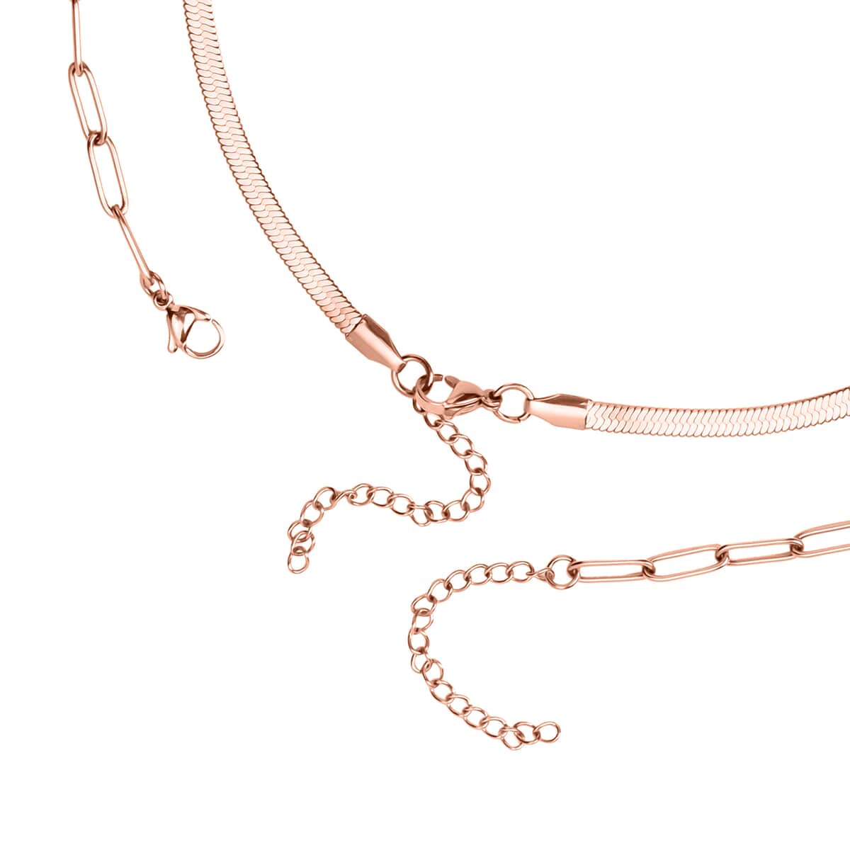 Set of 2 Snake and Paper Linked Chain Necklace in ION Plated Rose Gold Stainless Steel 16-18/18-21 Inches image number 3