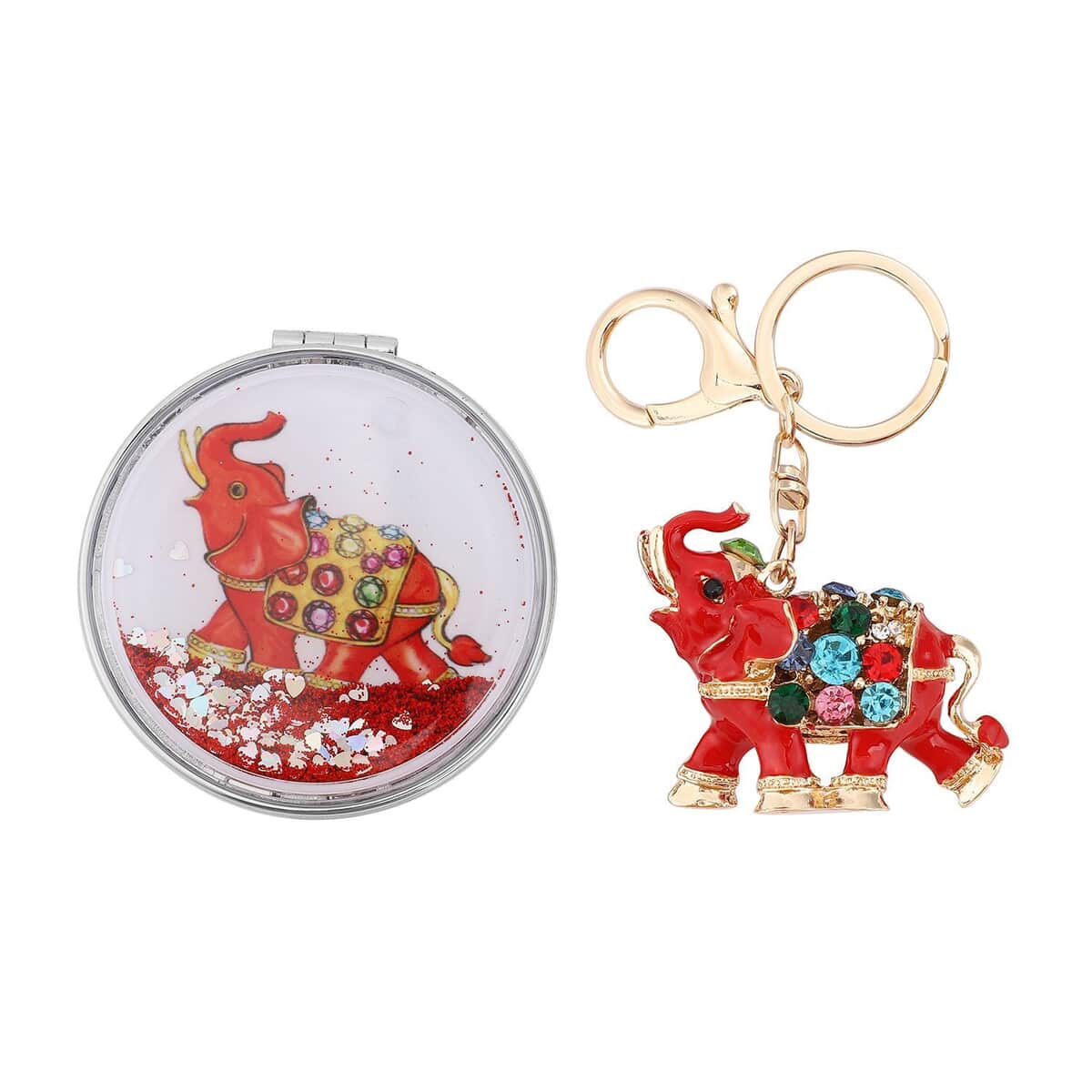 Multi Color Austrian Crystal and Enameled Royal Elephant Keychain and Mirror in Goldtone, Crystal Keychain and Compact Mirror for Purse, Handbag Keychain image number 0