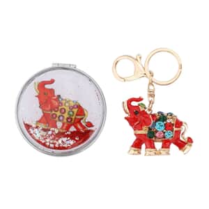 Multi Color Austrian Crystal and Enameled Royal Elephant Keychain and Mirror in Goldtone, Crystal Keychain and Compact Mirror for Purse, Handbag Keychain