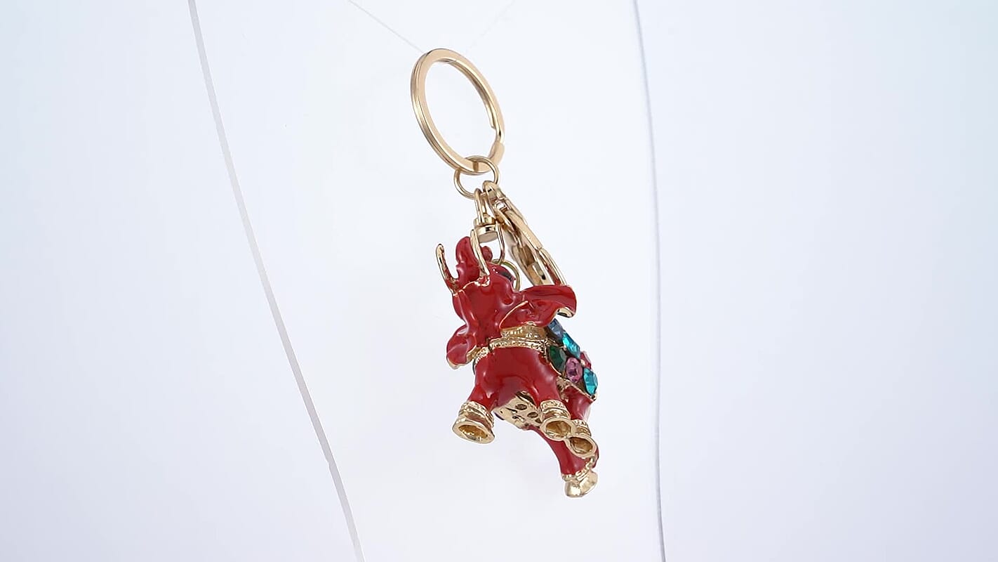 Set of 2 Multi Color Austrian Crystal, Enameled Royal Elephant Keychain and Mirror in Goldtone