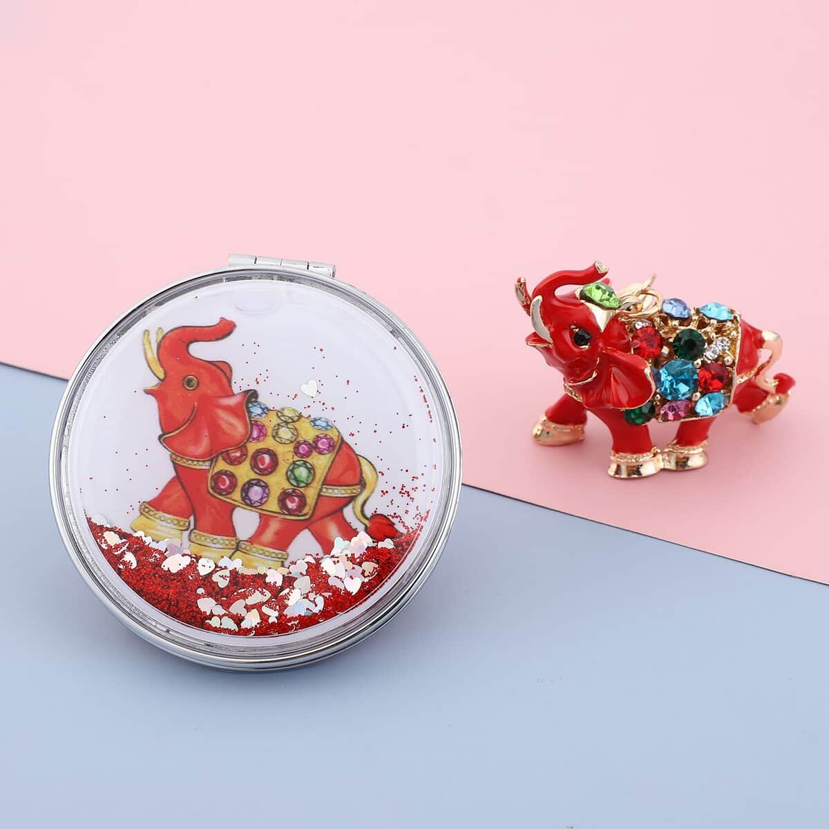 Multi Color Austrian Crystal and Enameled Royal Elephant Keychain and Mirror in Goldtone, Crystal Keychain and Compact Mirror for Purse, Handbag Keychain image number 1