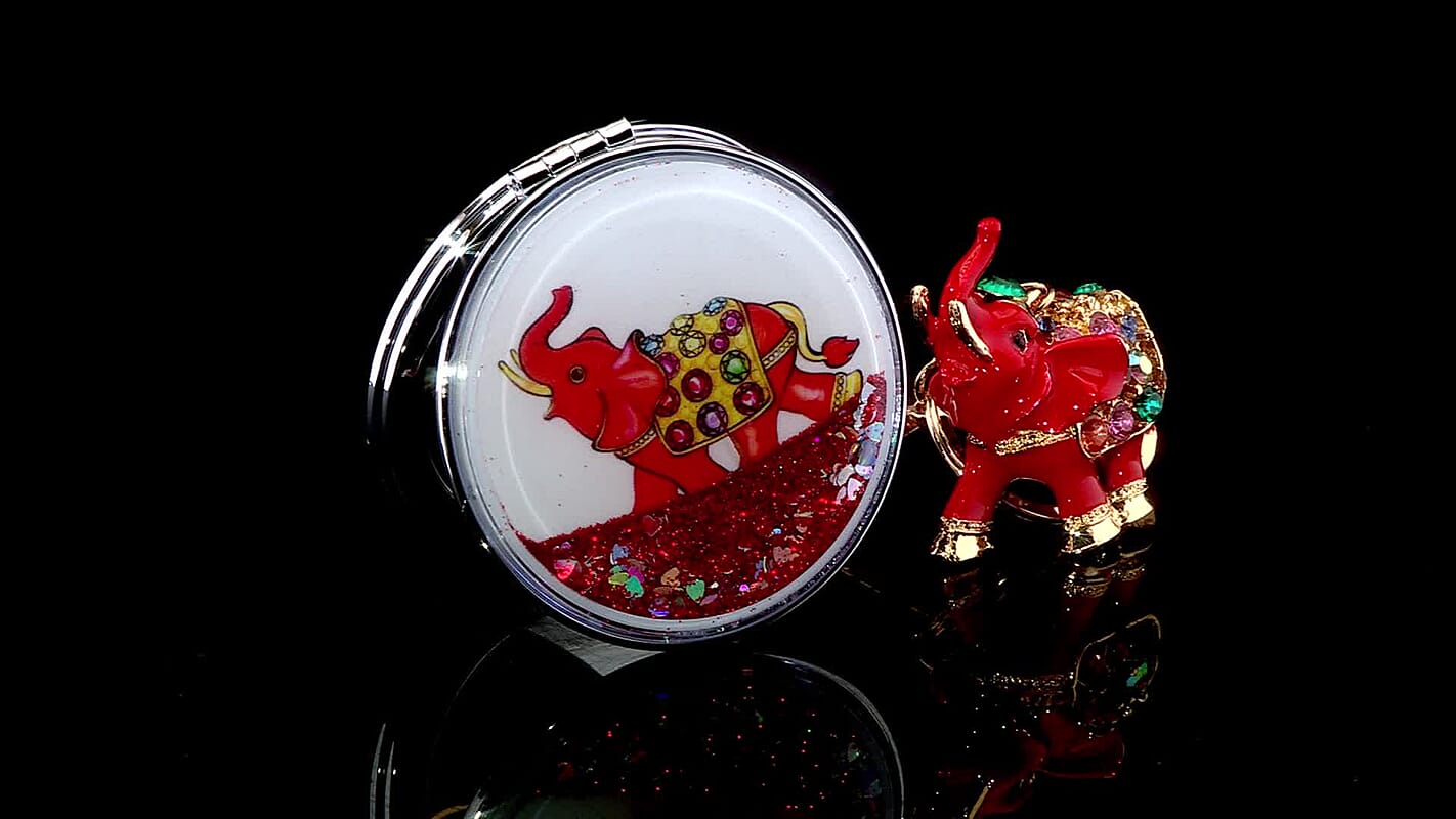 Set of 2 Multi Color Austrian Crystal, Enameled Royal Elephant Keychain and Mirror in Goldtone