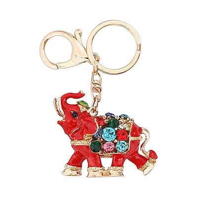 Multi Color Austrian Crystal and Enameled Royal Elephant Keychain and Mirror in Goldtone, Crystal Keychain and Compact Mirror for Purse, Handbag Keychain