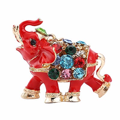 Multi Color Austrian Crystal and Enameled Royal Elephant Keychain and Mirror in Goldtone, Crystal Keychain and Compact Mirror for Purse, Handbag Keychain