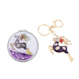 White and Purple Austrian Crystal and Enameled Reindeer Keychain and Mirror in Goldtone, Crystal Keychain and Compact Mirror for Purse, Handbag Keychain