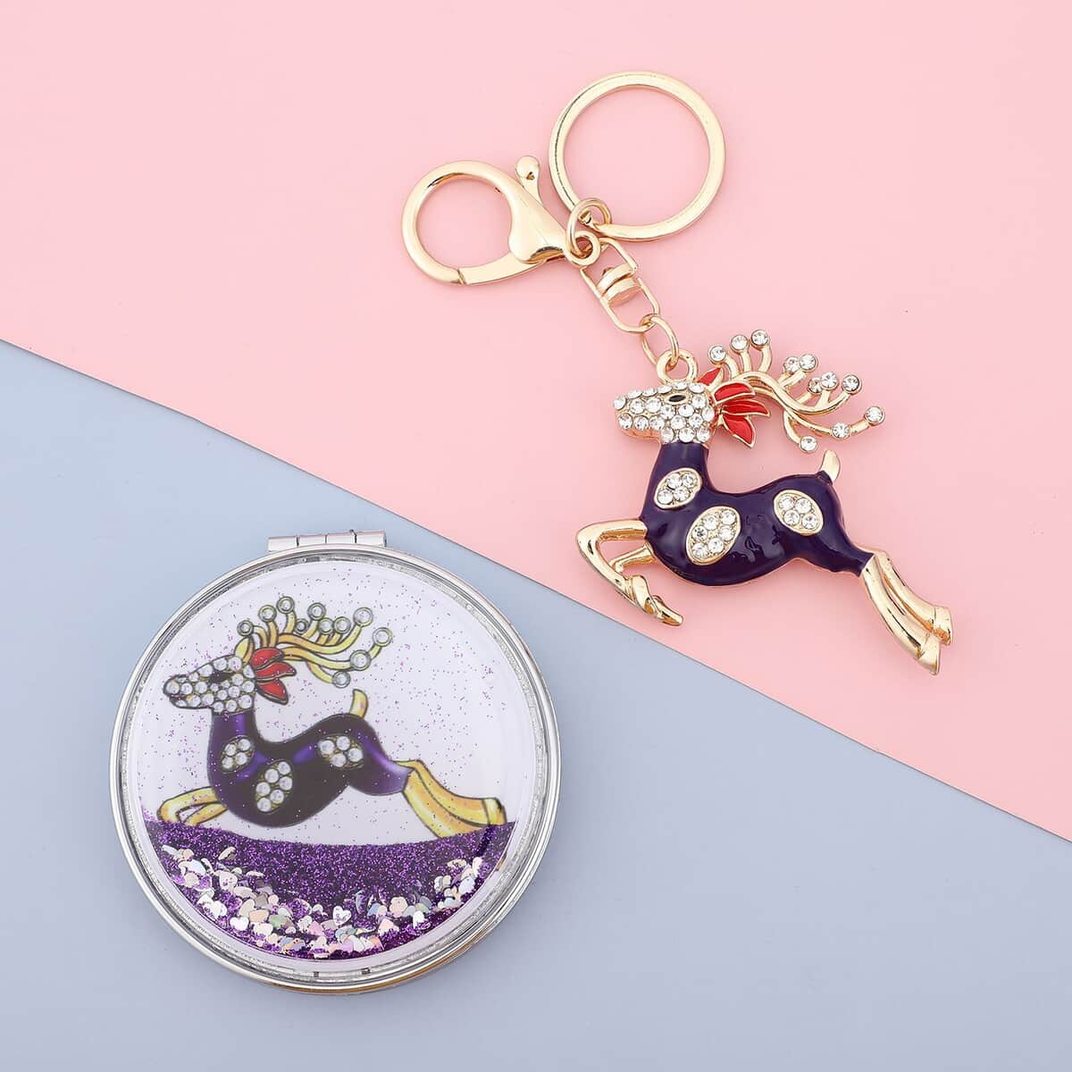 White and Purple Austrian Crystal and Enameled Reindeer Keychain and Mirror in Goldtone, Crystal Keychain and Compact Mirror for Purse, Handbag Keychain image number 1