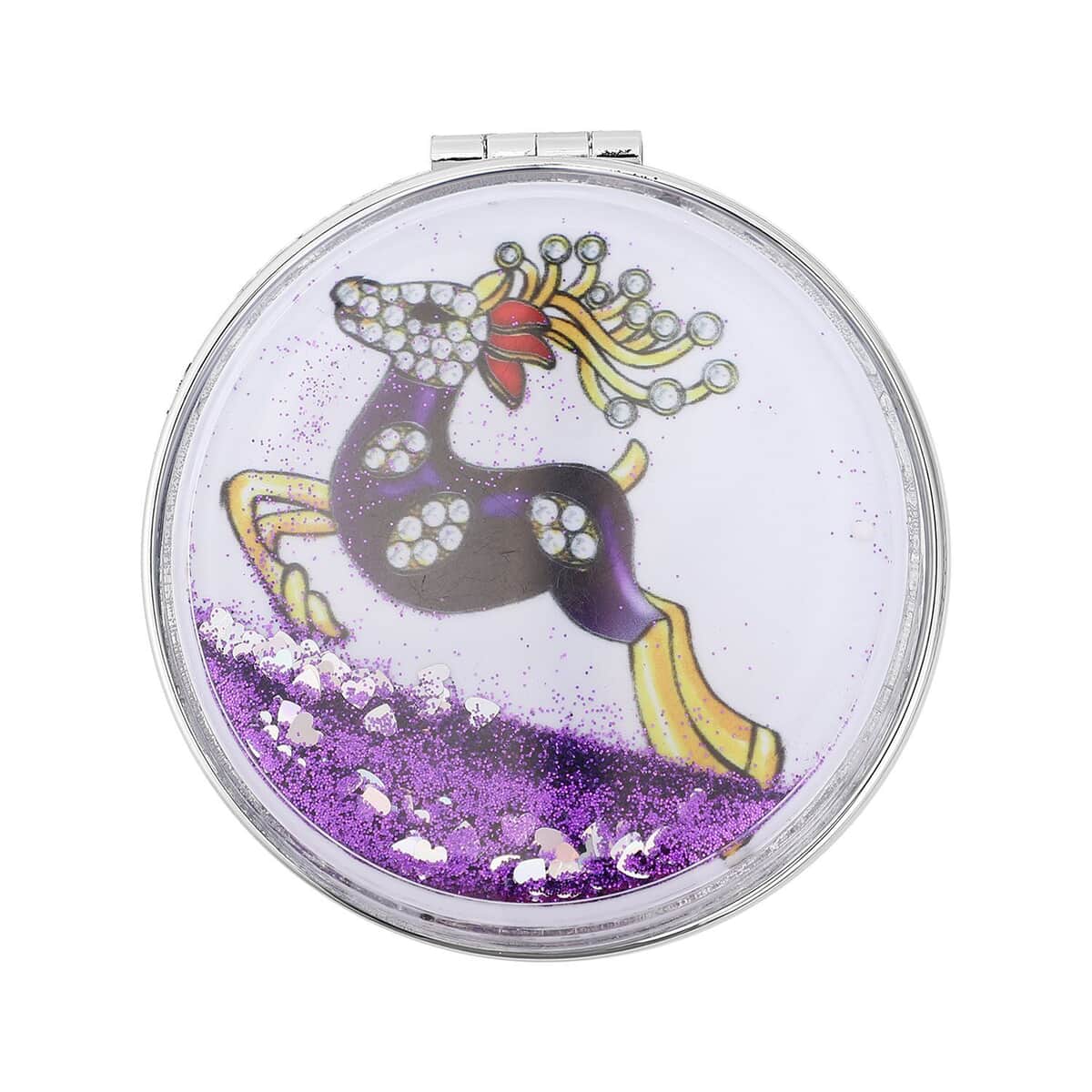 White and Purple Austrian Crystal and Enameled Reindeer Keychain and Mirror in Goldtone, Crystal Keychain and Compact Mirror for Purse, Handbag Keychain image number 2