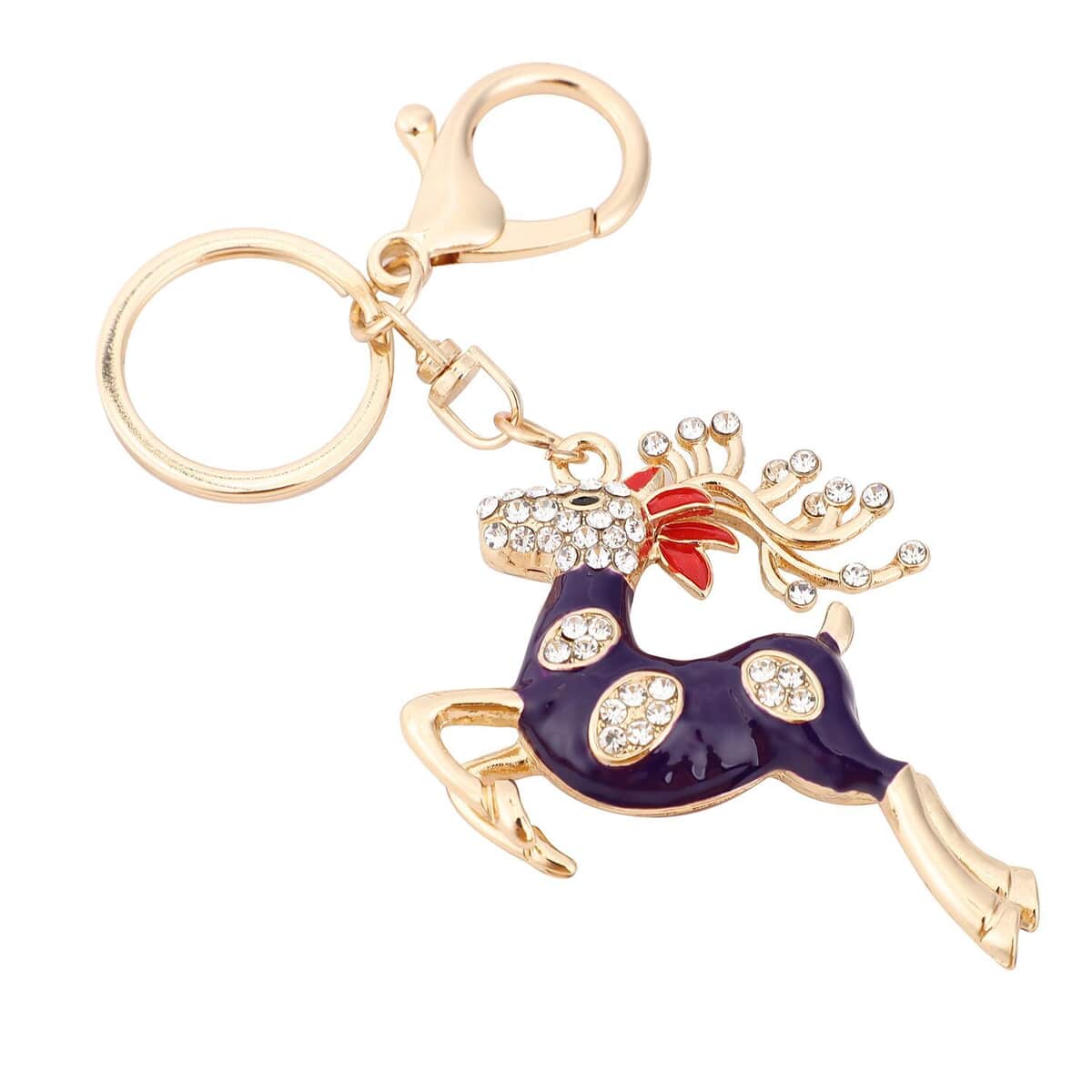 White and Purple Austrian Crystal and Enameled Reindeer Keychain and Mirror in Goldtone, Crystal Keychain and Compact Mirror for Purse, Handbag Keychain image number 5