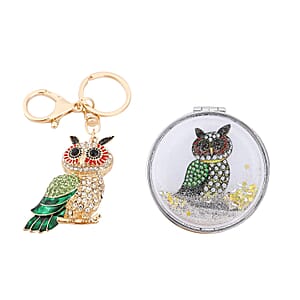 Multi Color Austrian Crystal and Enameled Owl Keychain and Mirror in Goldtone, Crystal Keychain and Compact Mirror for Purse, Handbag Keychain