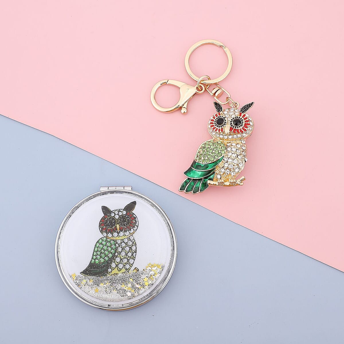 Multi Color Austrian Crystal and Enameled Owl Keychain and Mirror in Goldtone, Crystal Keychain and Compact Mirror for Purse, Handbag Keychain image number 1