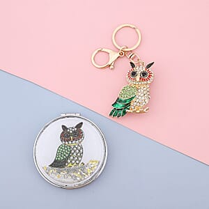 Multi Color Austrian Crystal and Enameled Owl Keychain and Mirror in Goldtone, Crystal Keychain and Compact Mirror for Purse, Handbag Keychain