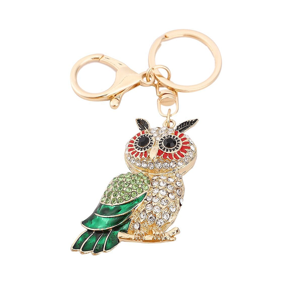 Multi Color Austrian Crystal and Enameled Owl Keychain and Mirror in Goldtone, Crystal Keychain and Compact Mirror for Purse, Handbag Keychain image number 2