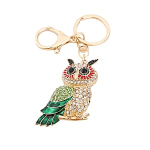 Multi Color Austrian Crystal and Enameled Owl Keychain and Mirror in Goldtone, Crystal Keychain and Compact Mirror for Purse, Handbag Keychain