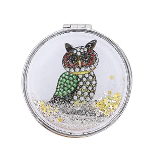 Multi Color Austrian Crystal and Enameled Owl Keychain and Mirror in Goldtone, Crystal Keychain and Compact Mirror for Purse, Handbag Keychain