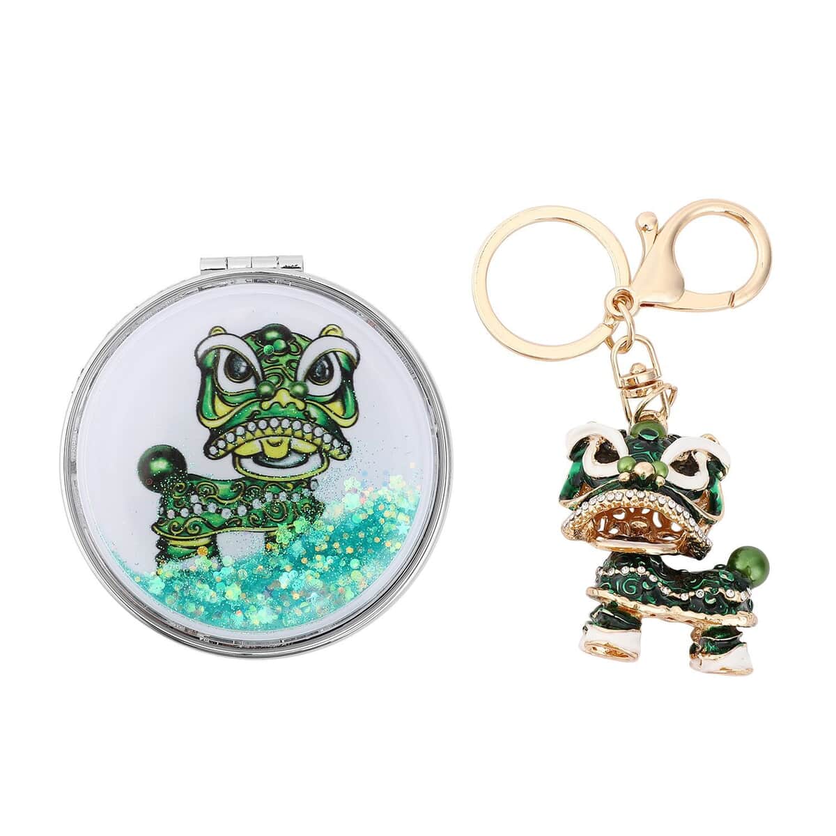White Austrian Crystal and Enameled Dragon Keychain and Mirror in Goldtone, Crystal Keychain and Compact Mirror for Purse, Handbag Keychain image number 0