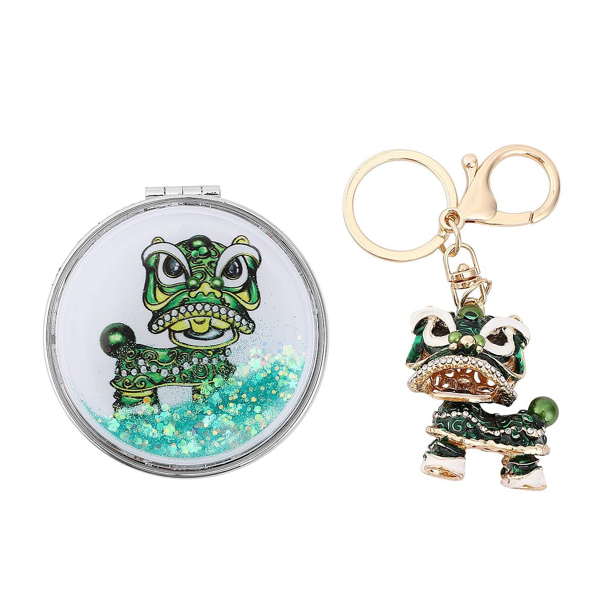 White Austrian Crystal and Enameled Dragon Keychain and Mirror in Goldtone, Crystal Keychain and Compact Mirror for Purse, Handbag Keychain image number 0