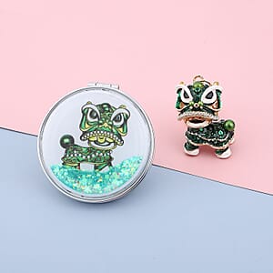 White Austrian Crystal and Enameled Dragon Keychain and Mirror in Goldtone, Crystal Keychain and Compact Mirror for Purse, Handbag Keychain