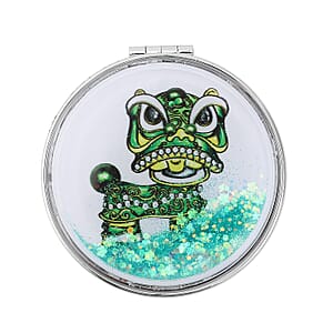 White Austrian Crystal and Enameled Dragon Keychain and Mirror in Goldtone, Crystal Keychain and Compact Mirror for Purse, Handbag Keychain