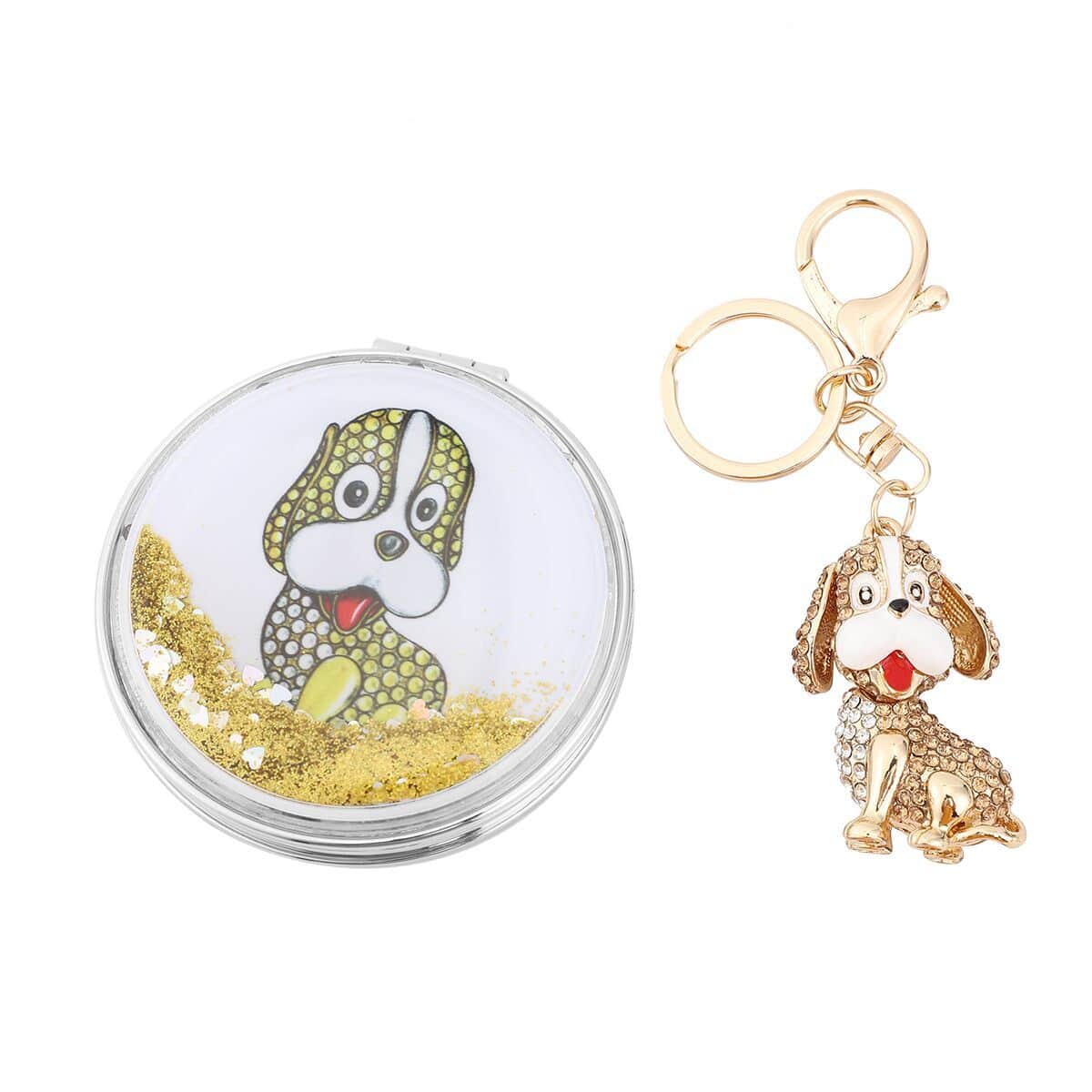 Champagne and White Austrian Crystal and Enameled Dog Keychain and Mirror in Goldtone, Crystal Keychain and Compact Mirror for Purse, Handbag Keychain image number 0