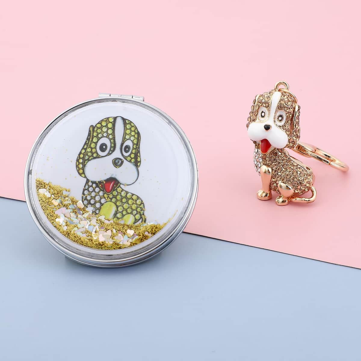 Champagne and White Austrian Crystal and Enameled Dog Keychain and Mirror in Goldtone, Crystal Keychain and Compact Mirror for Purse, Handbag Keychain image number 1
