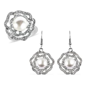 Simulated Pearl and White Austrian Crystal Rose Earrings and Ring (Size 6.0) in Silvertone and Stainless Steel