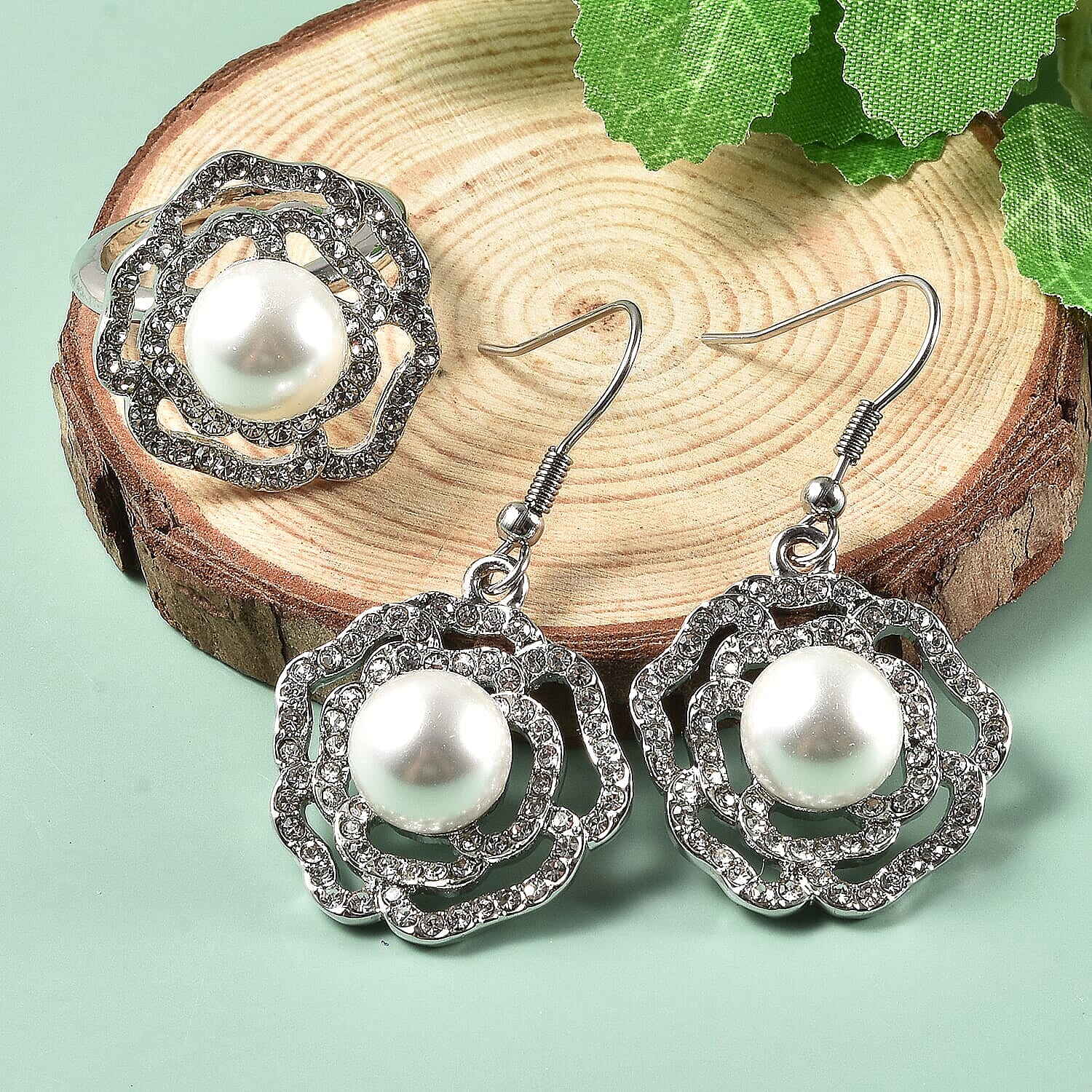 Simulated Pearl and White Austrian Crystal Rose Earrings and Ring (Size 6.0) in Silvertone and Stainless Steel