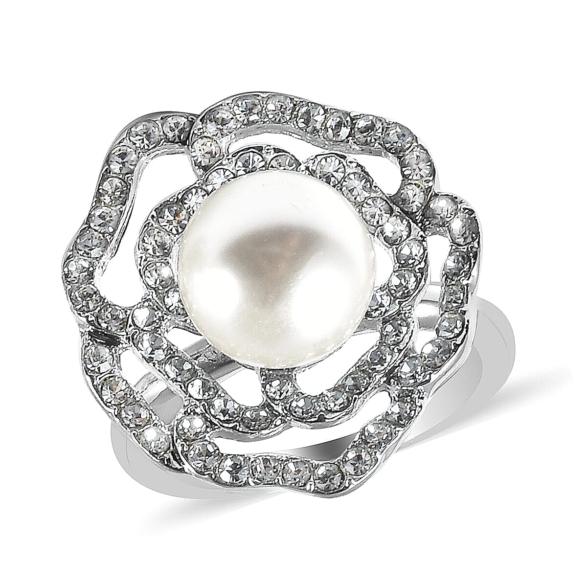 Simulated Pearl and White Austrian Crystal Rose Earrings and Ring (Size 6.0) in Silvertone and Stainless Steel