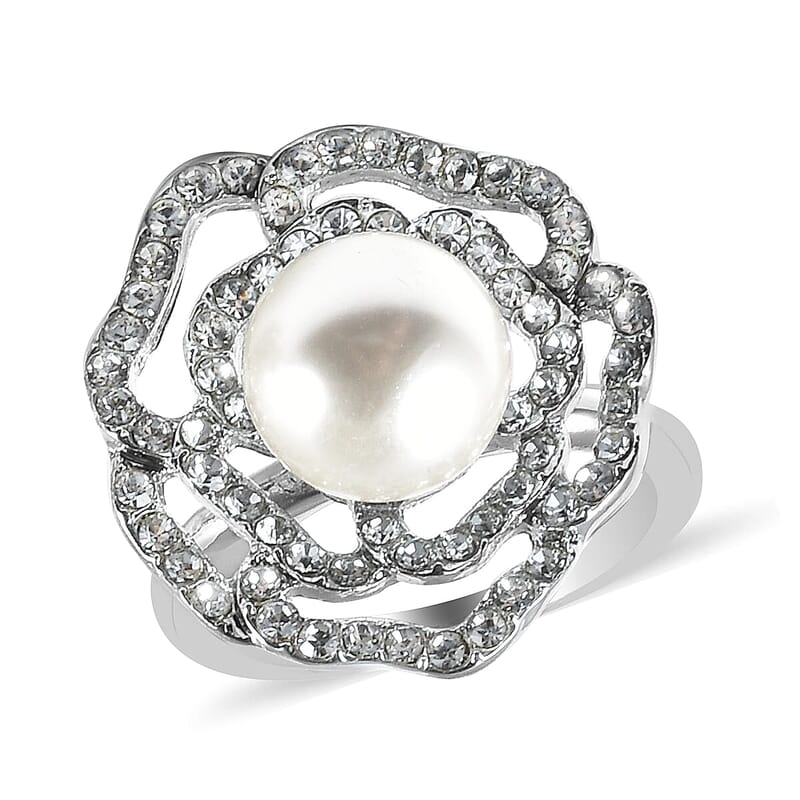 Simulated Pearl and White Austrian Crystal Rose Earrings and Ring (Size 6.0) in Silvertone and Stainless Steel