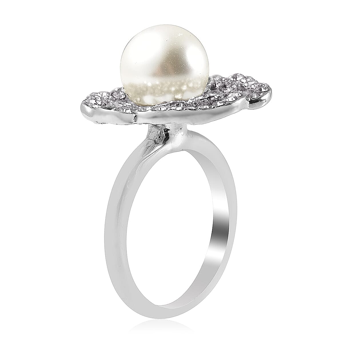 Simulated Pearl and White Austrian Crystal Rose Earrings and Ring (Size 6.0) in Silvertone and Stainless Steel