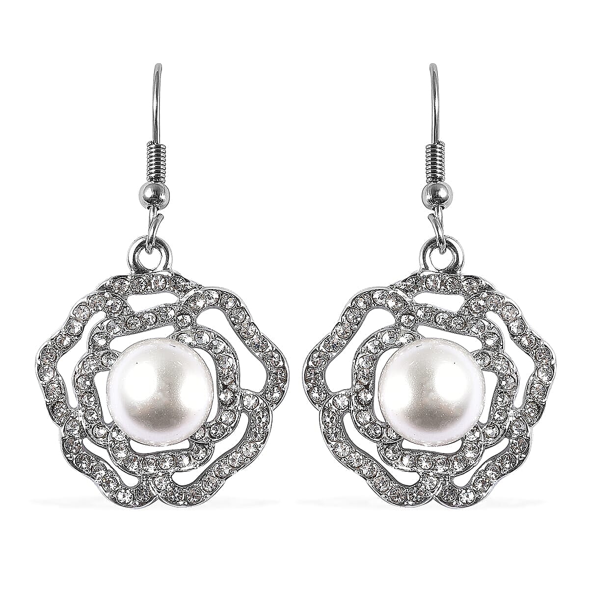Simulated Pearl and White Austrian Crystal Rose Earrings and Ring (Size 6.0) in Silvertone and Stainless Steel