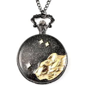 Strada White Crystal Japanese Movement Carving Leopard Pattern Pocket Watch in Goldtone with Chain in Silvertone (31 Inches)