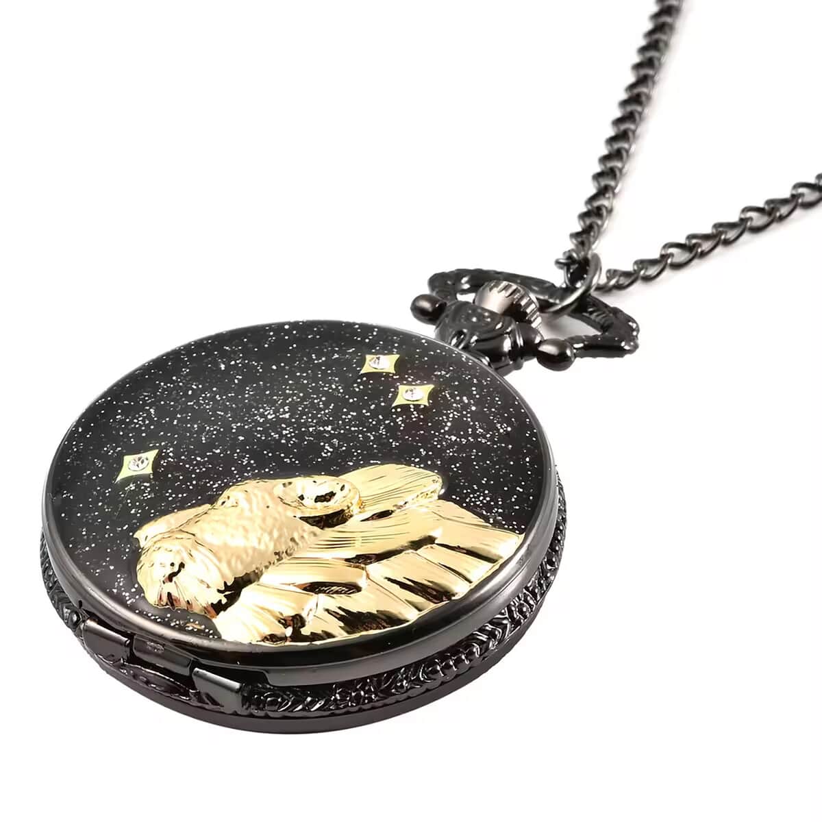 Strada Crystal Japanese Movement Carved Leopard Pocket Watch with Chain 31 Inches image number 8