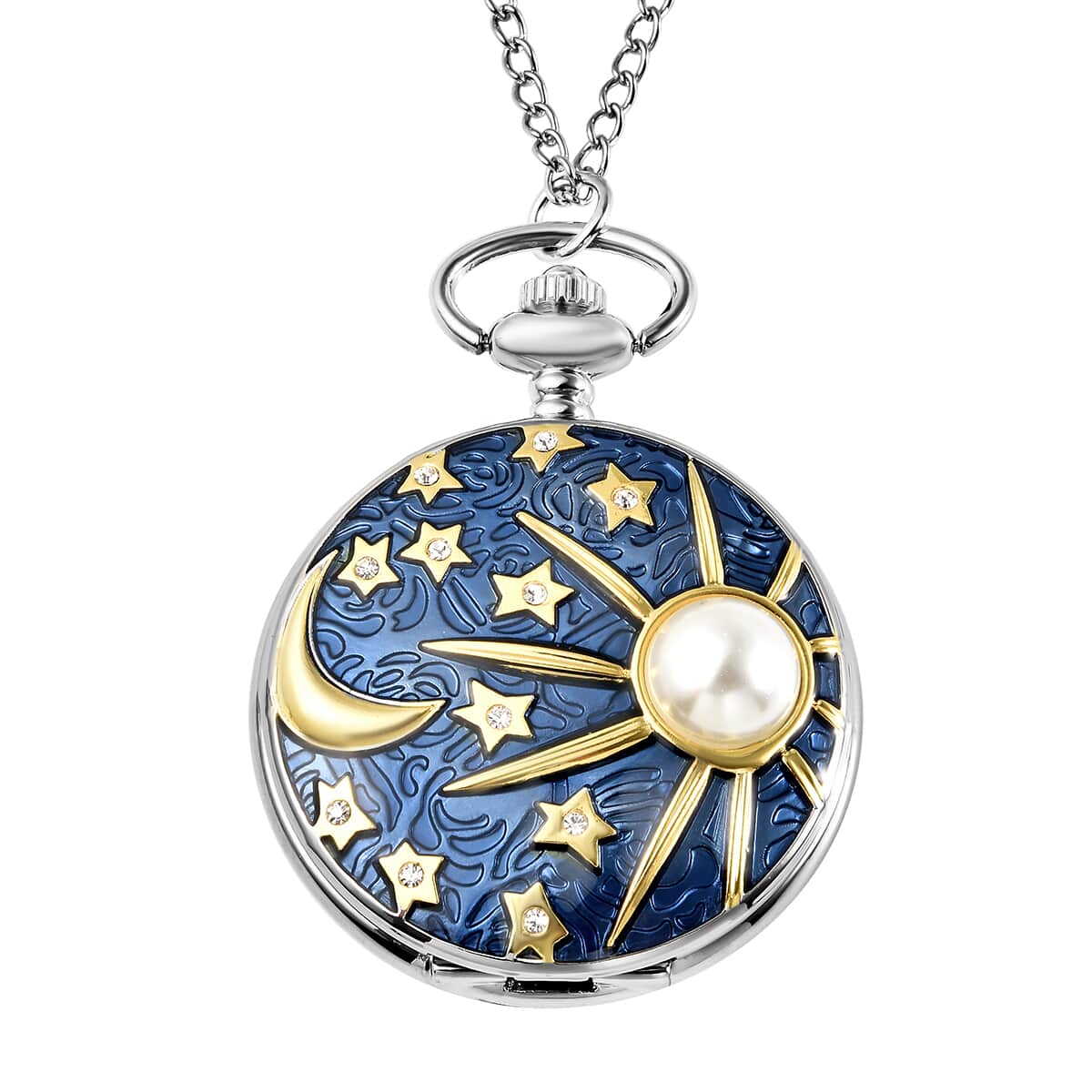 Strada Crystal Japanese Movement Carved Moon & Star Pocket Watch with Chain 31 Inches image number 0