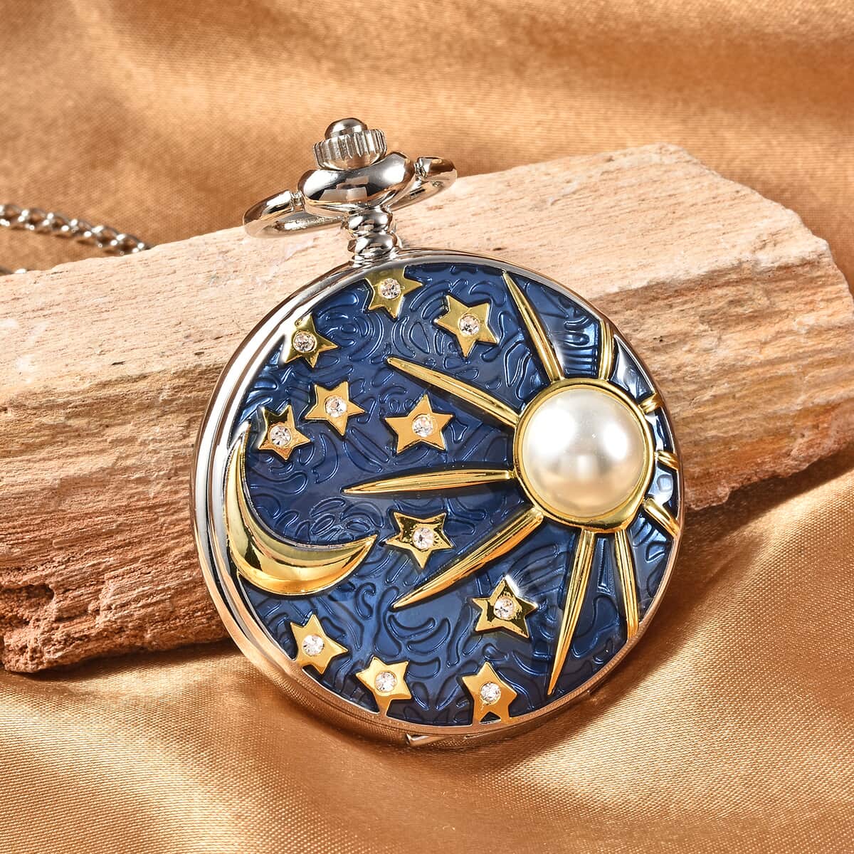 Strada White Crystal Japanese Movement Carving Moon & Star Pattern Pocket Watch in Goldtone with Chain in Silvertone 31 Inches image number 1