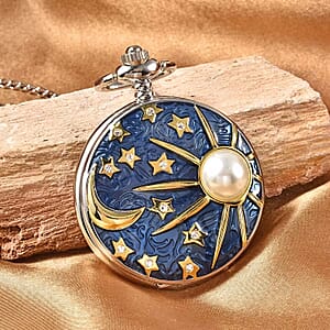 Strada Crystal Japanese Movement Carved Moon & Star Pocket Watch with Chain 31 Inches