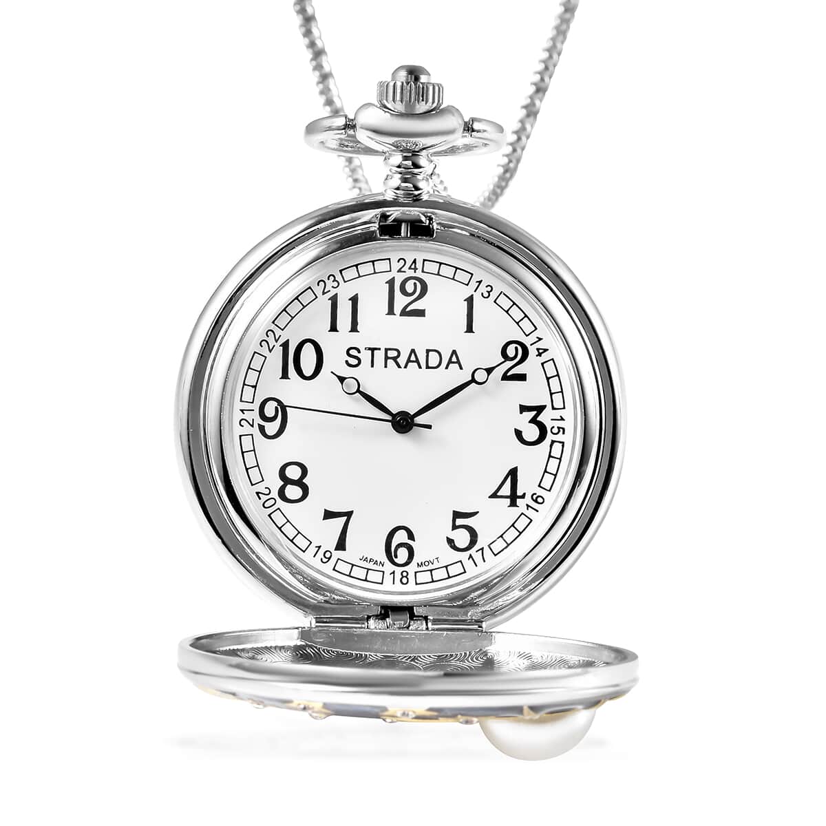 Strada Crystal Japanese Movement Carved Moon & Star Pocket Watch with Chain 31 Inches image number 5