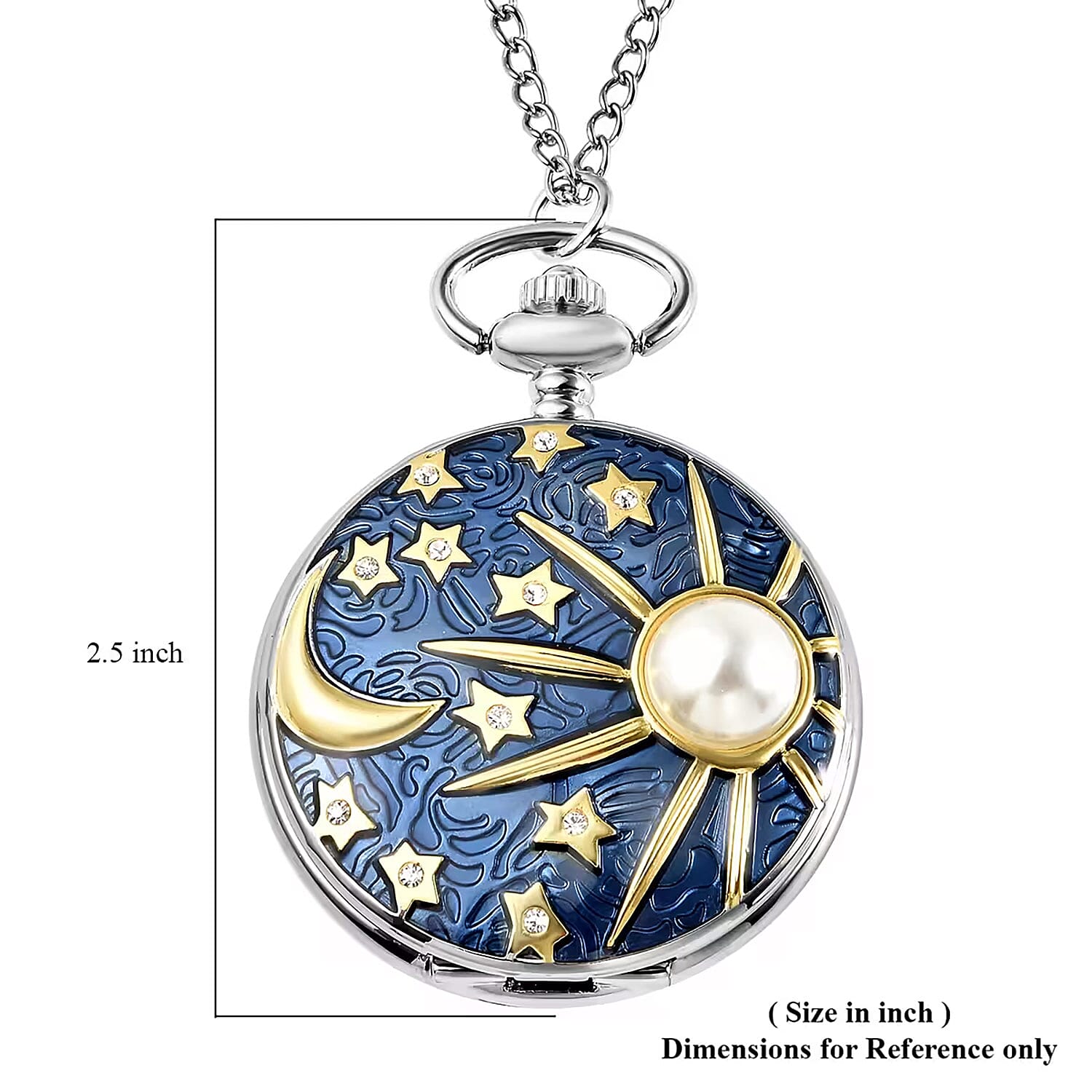 Strada Crystal Japanese Movement Carved Moon & Star Pocket Watch with Chain 31 Inches