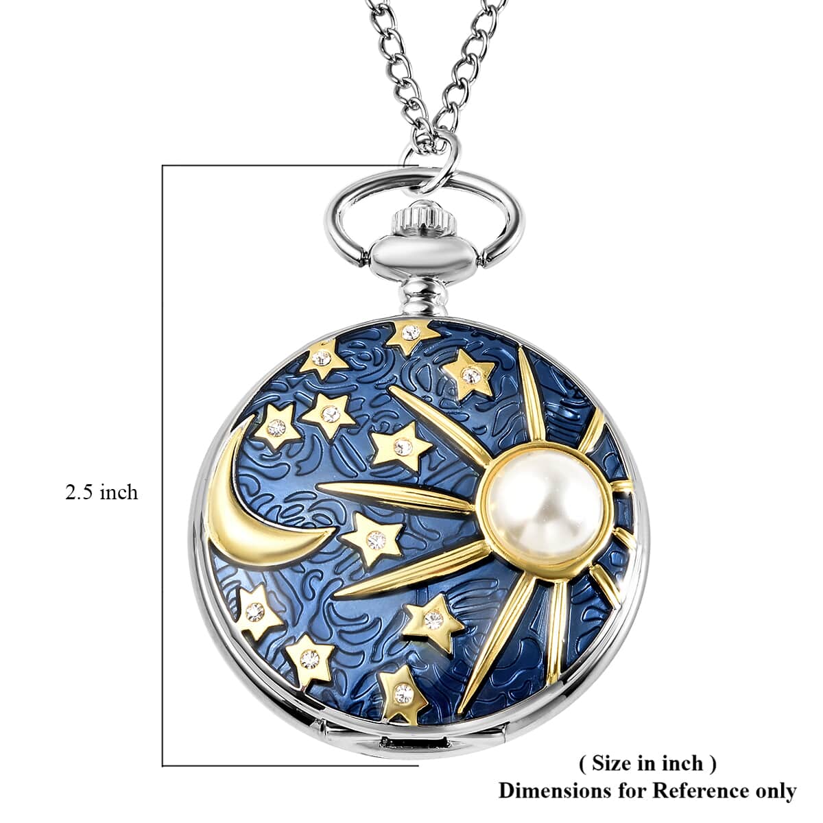 Strada White Crystal Japanese Movement Carving Moon & Star Pattern Pocket Watch in Goldtone with Chain in Silvertone 31 Inches image number 6
