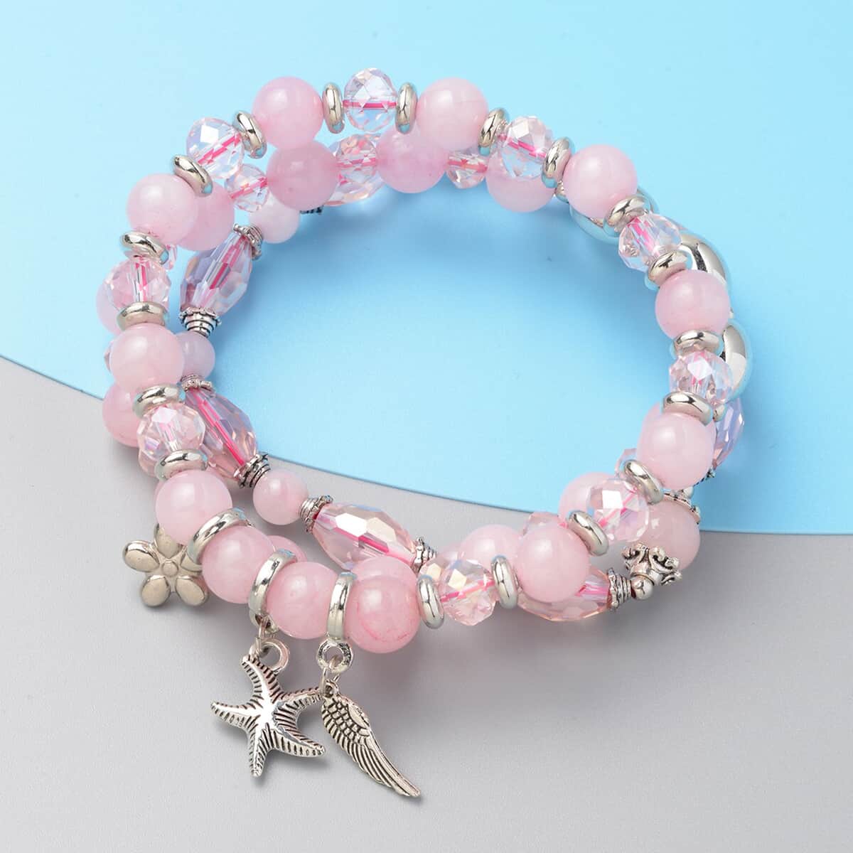 Set of 3 Galilea Rose Quartz and Simulated Pink Diamond Beaded Stretch Charm Bracelet 108.00 ctw image number 1