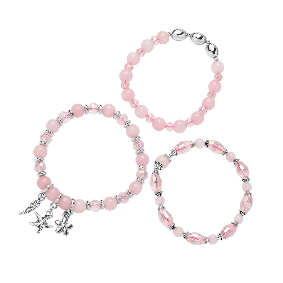 Set of 3 Galilea Rose Quartz and Simulated Pink Diamond Beaded Stretch Charm Bracelet 108.00 ctw image number 2