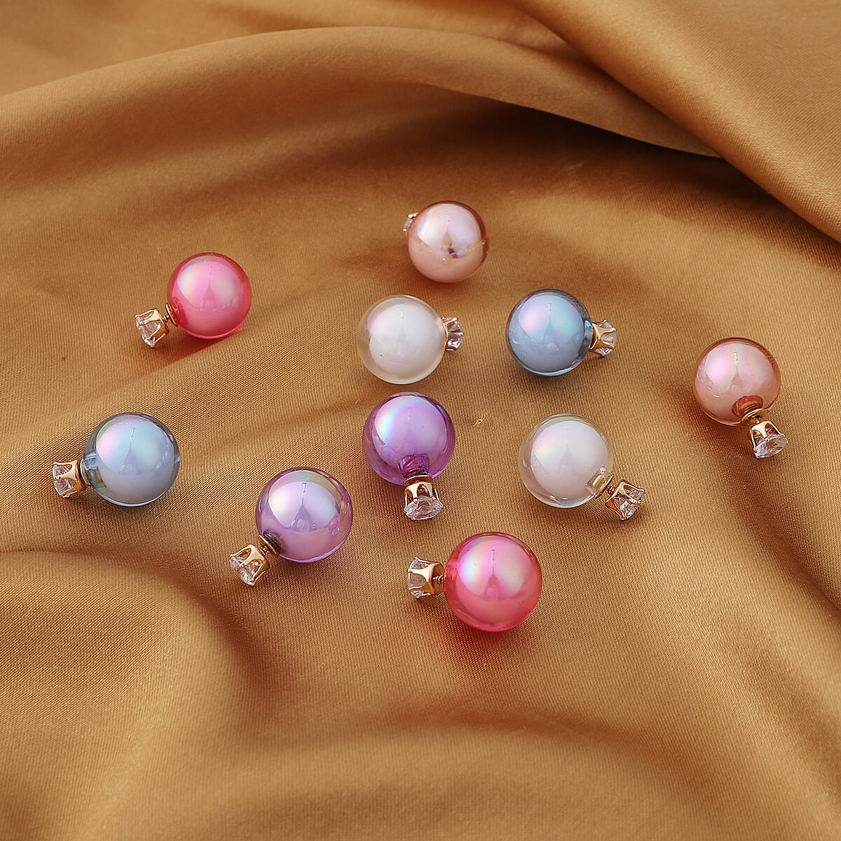 Set of 5 Simulated Multi Color Pearl Double Sided Stud Earrings in Goldtone image number 1