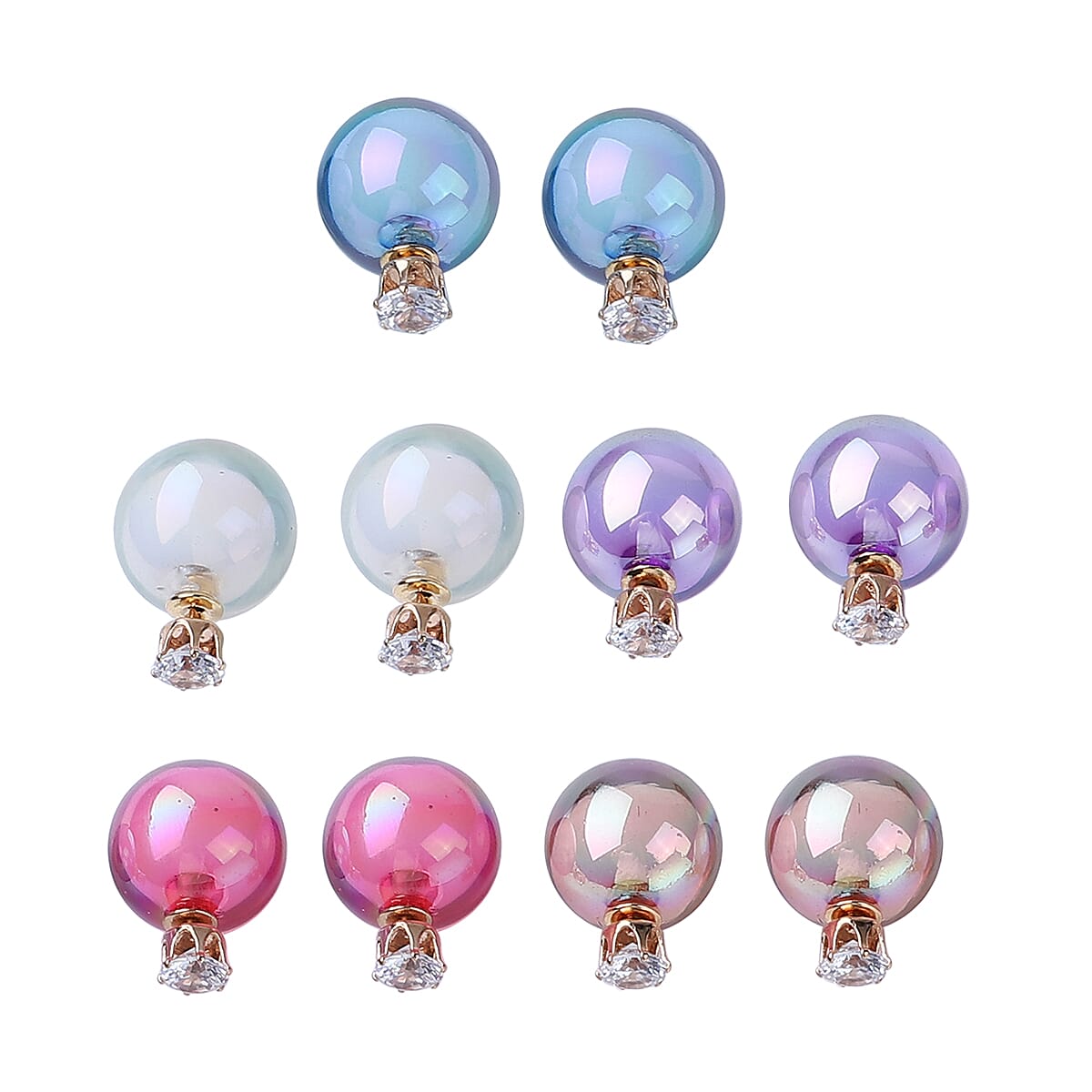 Set of 5 Simulated Multi Color Pearl Double Sided Stud Earrings in Goldtone image number 2