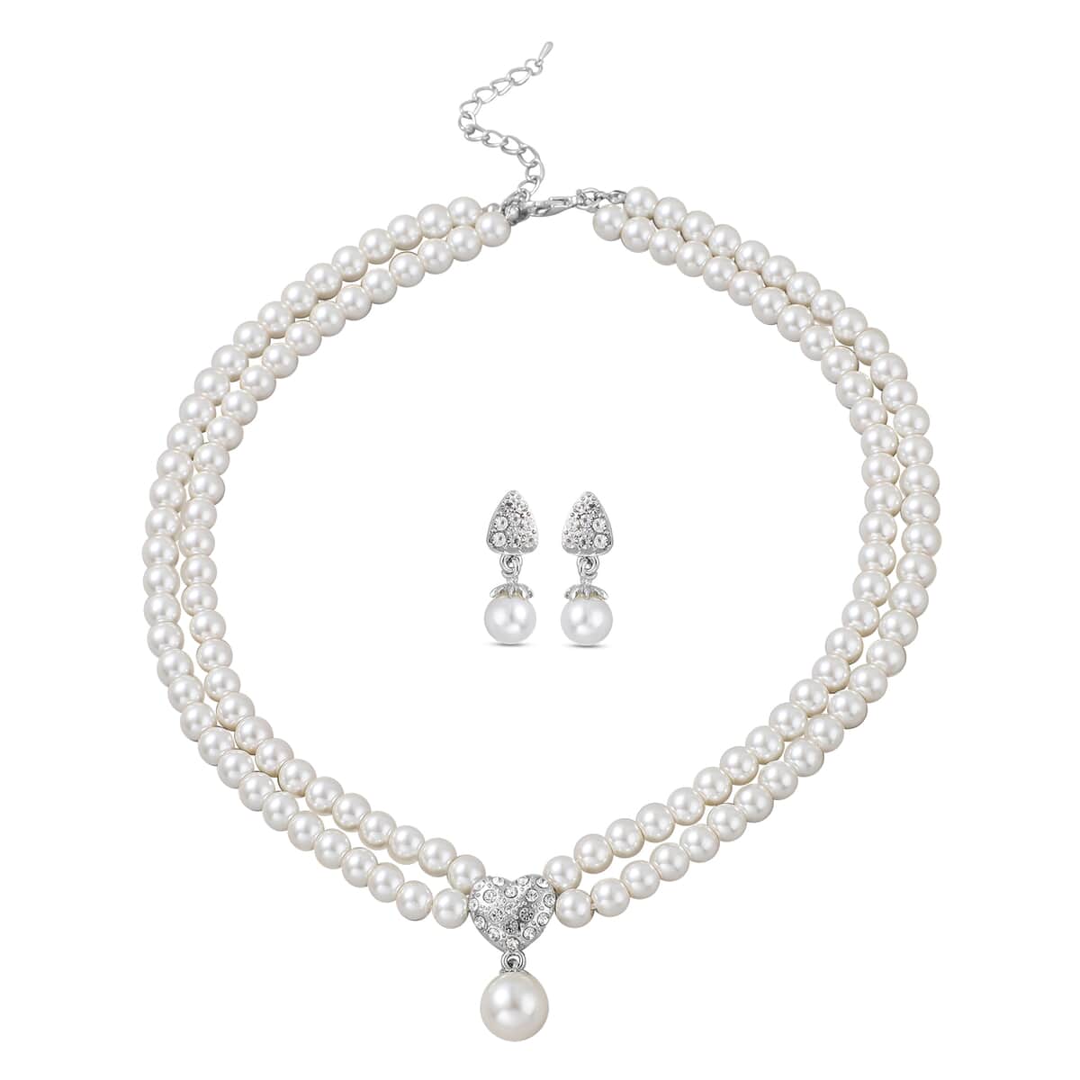 Simulated White Pearl and Multi Color Austrian Crystal Beaded Double Row Necklace 20-22.5 Inches and Drop Earrings in Silvertone image number 0