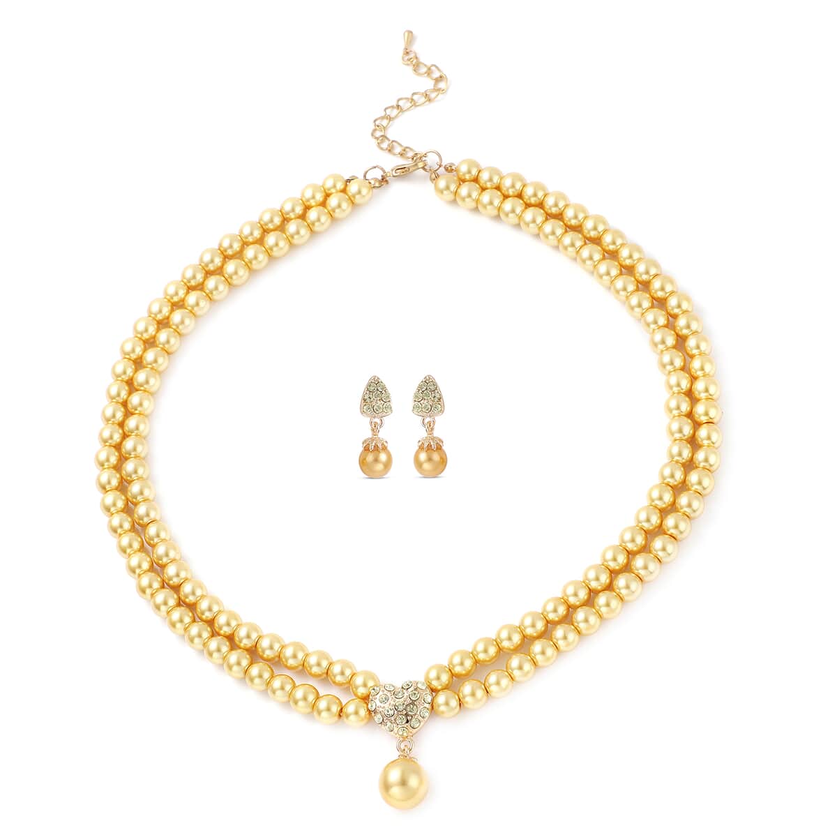 Simulated Golden Pearl and Champagne Austrian Crystal Double Row Necklace 20-22.5 Inches and Drop Earrings in Goldtone image number 0