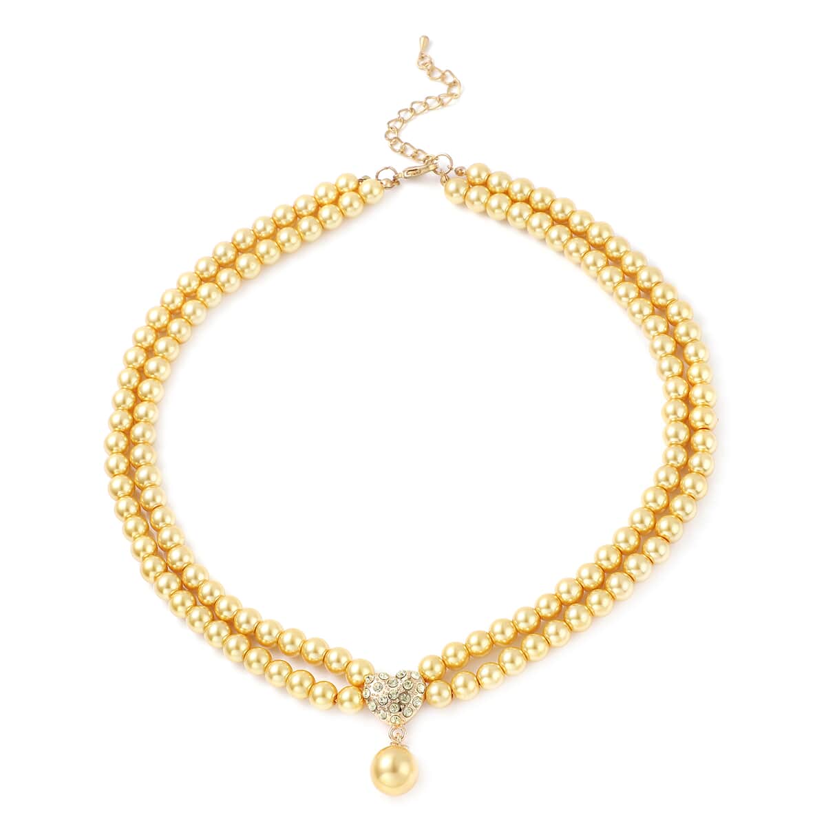 Simulated Golden Pearl and Champagne Austrian Crystal Double Row Necklace 20-22.5 Inches and Drop Earrings in Goldtone image number 2