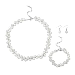 Simulated White Pearl Dangle Earrings, Adjustable Bracelet and Necklace 20-22.5 Inches in Silvertone & Stainless Steel