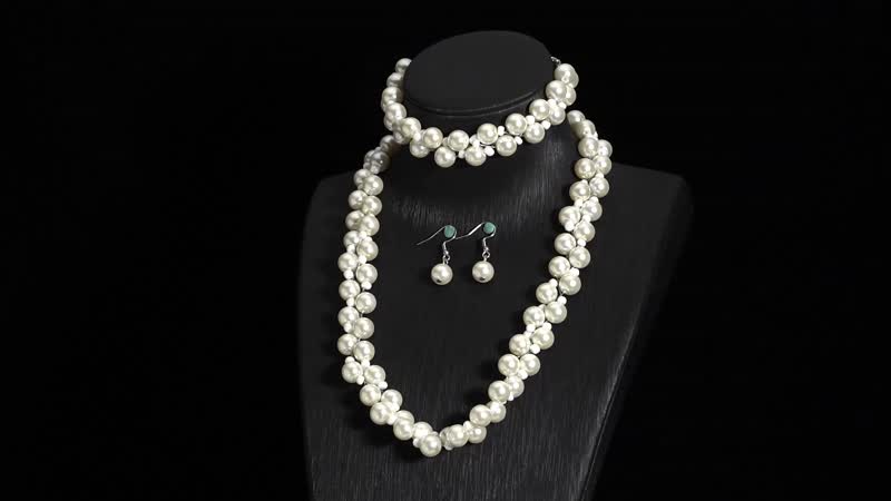Simulated White Pearl Dangle Earrings, Adjustable Bracelet and Necklace 20-22.5 Inches in Silvertone & Stainless Steel